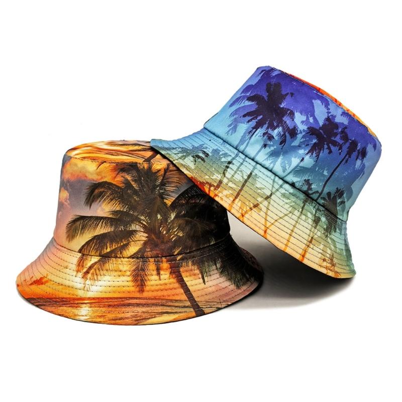 Soft Breathable Bucket Hat Sun Protective Caps with Tropical Scenery Print for Outdoor Activity and Travel Beach Vacation