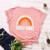 Summer Pure Cotton Women's Rainbow GOOD VIBES Printed Loose Round Neck Short Sleeved T-Shirts Women’s