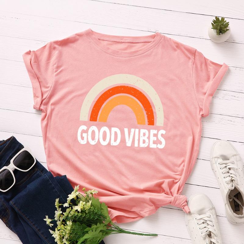 

Літні жіночі футболки з чистої бавовни з принтом веселки GOOD VIBES, вільні, з круглим вирізом, з коротким рукавом M
