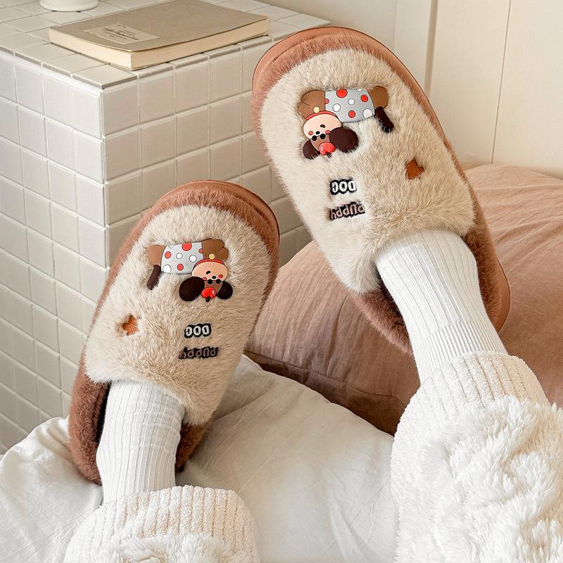Home Cotton Slippers Winter Cute Dachshund Dog Indoor Couple Home Plush Warm Fluffy Slippers