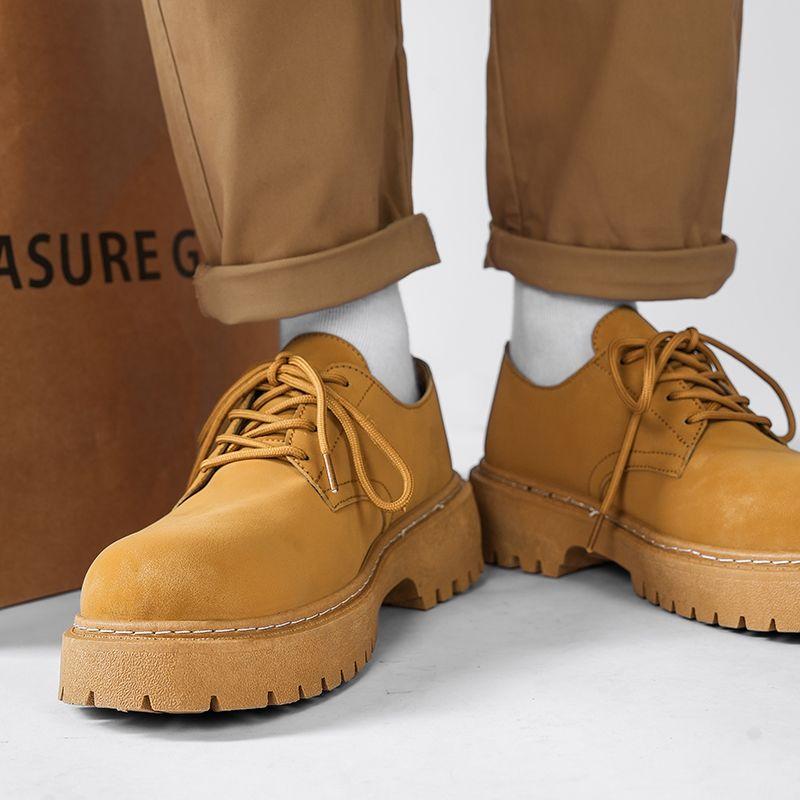 Men's Leather Shoes Black Thick Sole Round Toe Platform Male Casual Derby Shoe Cowhide Classic Original Legitimate Designer Pu