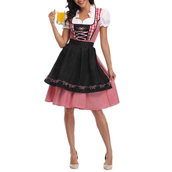 Costume Oktoberfest da donna a quadri Abito Dirndl tedesco Abiti tradizionali bavaresi per il festival di Halloween