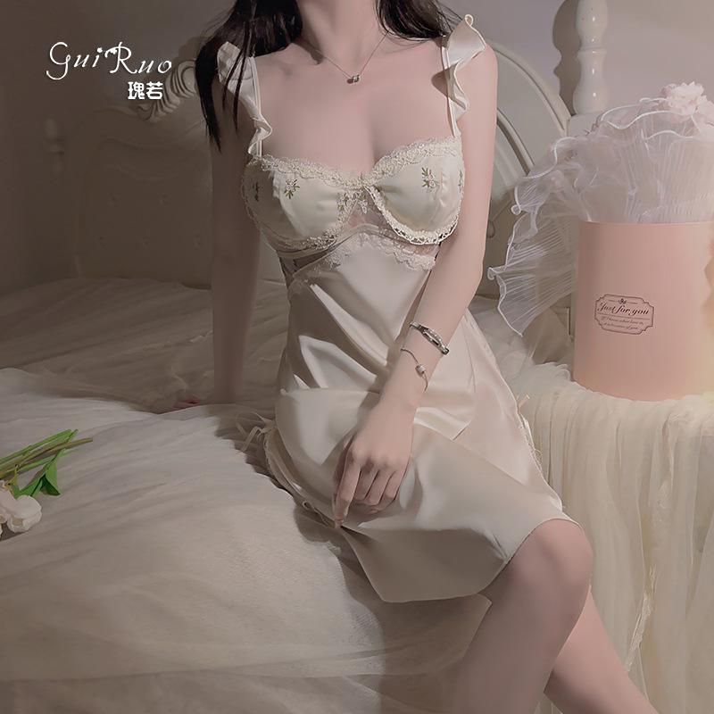 Women's Satin Embroidered Lace Sheer Low Cut Push Up Padded Sleep Dress with Robe Set