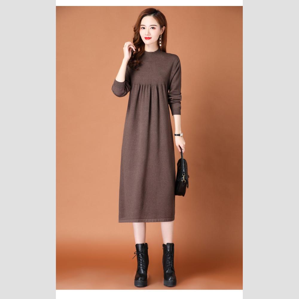 Knitted Dress for Women Loose Mid-length Sweater Long-sleeved Casual Sweater Dress for Autumn and Winter