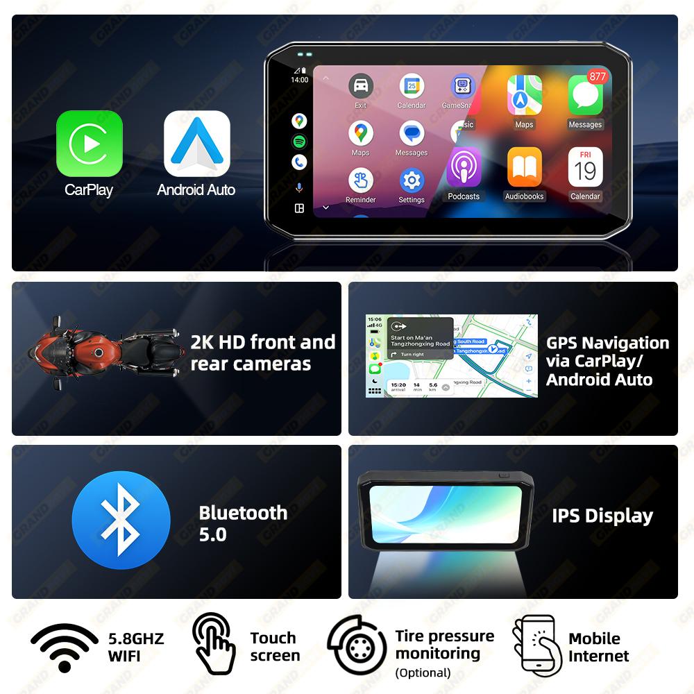 Přenosný 6,25palcový IP67 voděodolný motocykl GPS navigace Bezdrátová Carplay Android Auto DVR Drive Recorder Moto Monitor WIFI