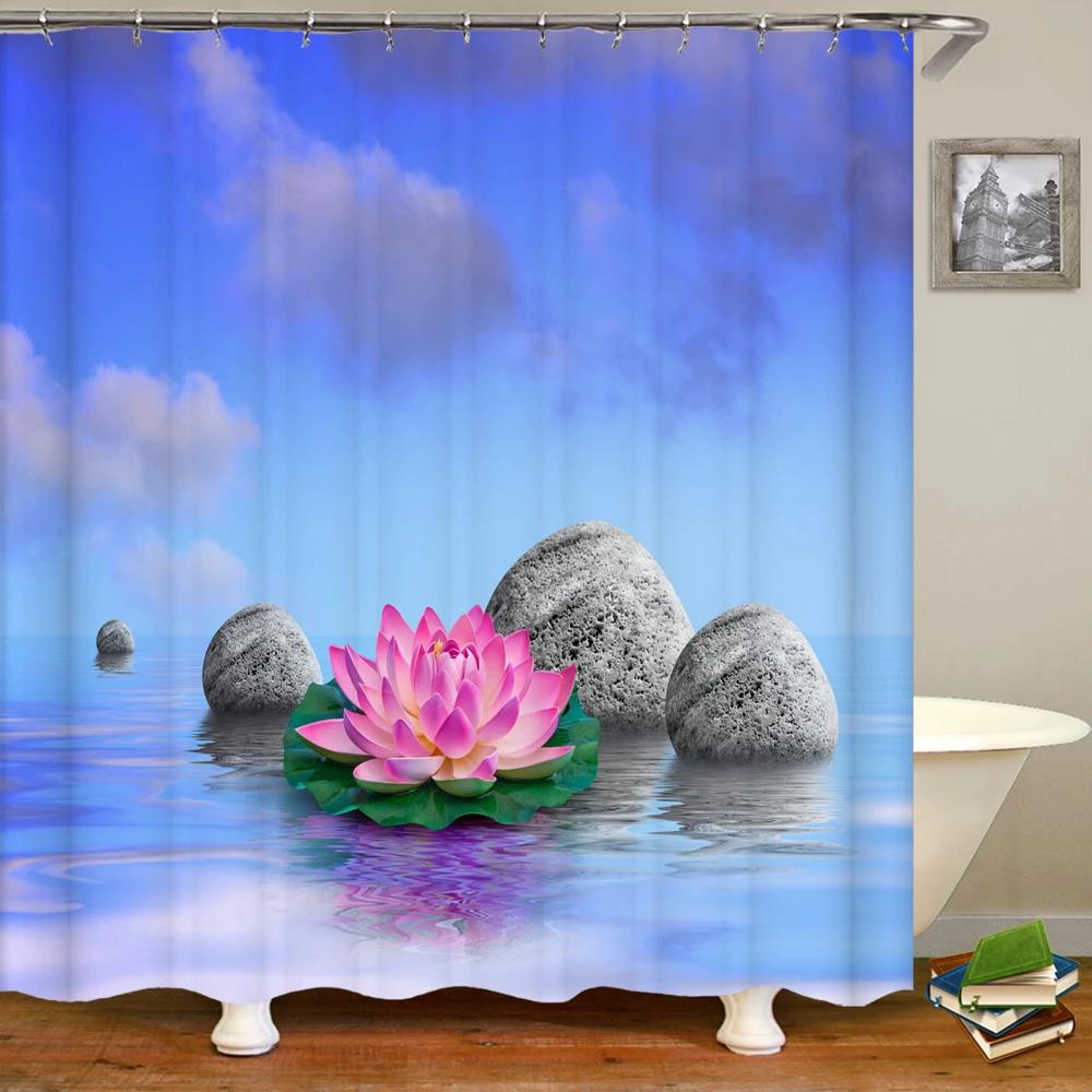 Flowers Plant Pebble Printed Shower Curtain Waterproof Washable Bathroom Decorative Curtain 3D Shower Curtains With Hook 240X180