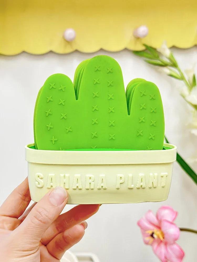 Creative 6Pcs Cactus Coaster with Flowerpot Holder Cactus Coaster Novelty Coaster Suitable Coffee Desktophome Kitchen Decoratio 6-piece set