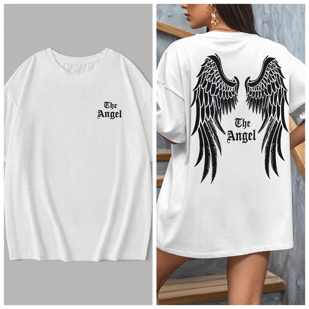 Ladies Fashion Angel Wings Printed Casual Loose Short Sleeve Tshirt Round Neck Comfortable Tshirt