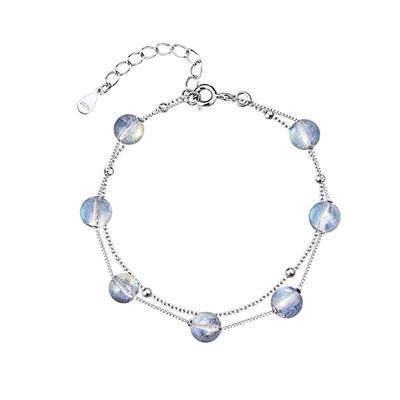 Prevent Allergy 925 Sterling Silver Double Layer Moonstone Round Bead Charm Bracelet Elegant Women Jewelry