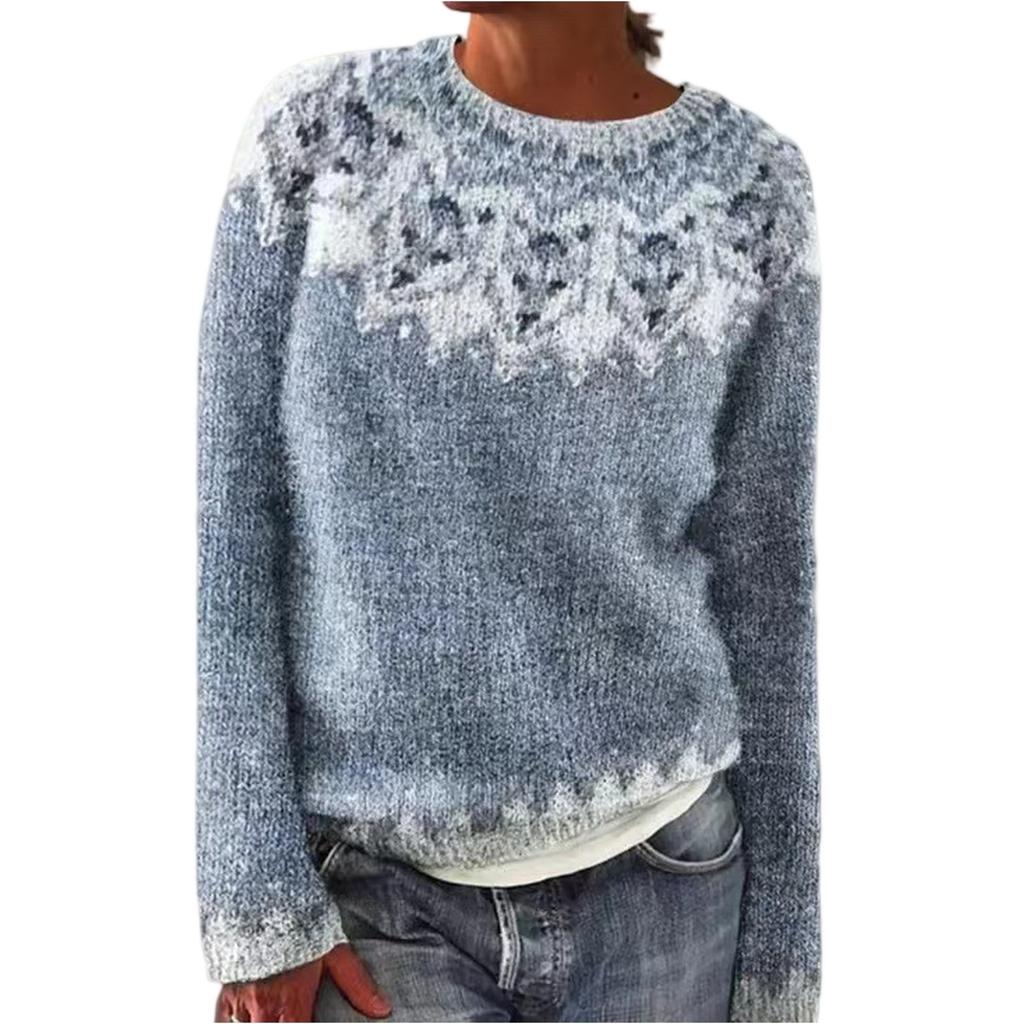 Ladies' Fashion Sweater, Round Neck, Color-block, Loose Pullover Long-sleeved Knitted Shirt Top