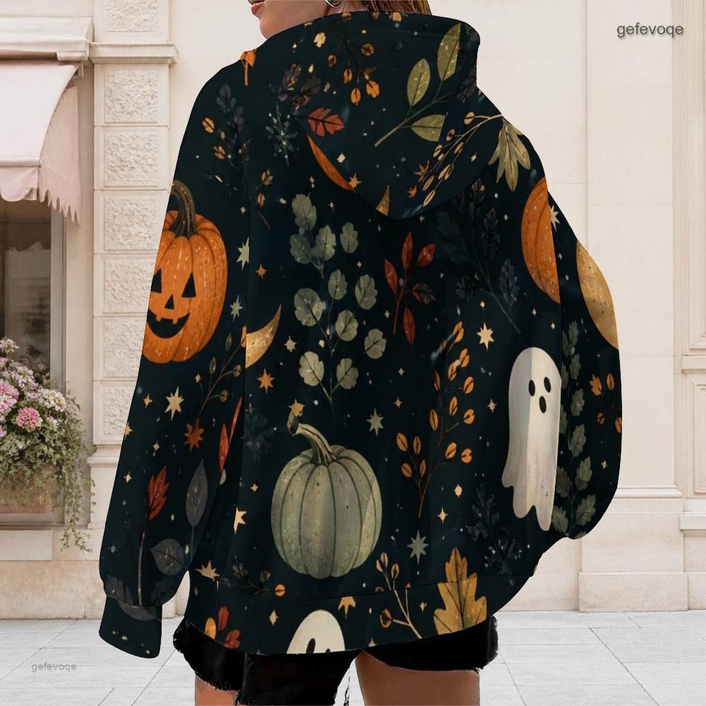 Women Plus Size White Zip Up Hoodie Long Sleeve Halloween Dachshund Printed Drawstring Hood With Pockets