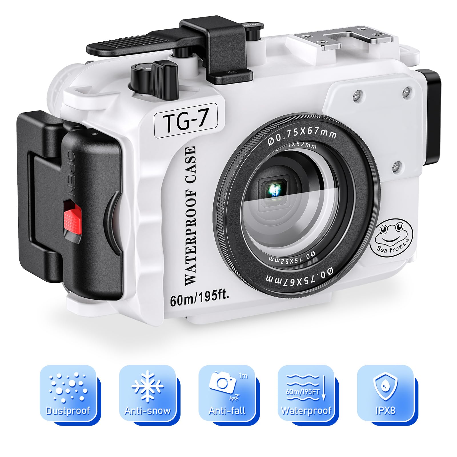 

Sea frogs Underwater Camera Housing for Olympus Waterproof Case with 52mm 67mm Dual Fiber Optic Leak Stainless Steel Mounting Plate 60m/195ft TG-7 – & белый