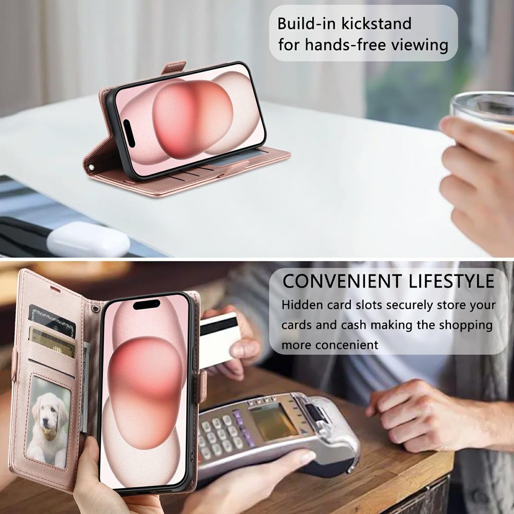 For iPhone 15 Leather Case Rhombus Texture Wallet Stand Phone Cover with Wrist Strap