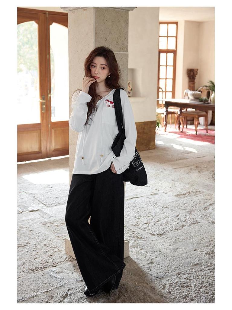 Yimeng 2026 Korean High Waist Wide Leg Retro Jeans in Dark Blue