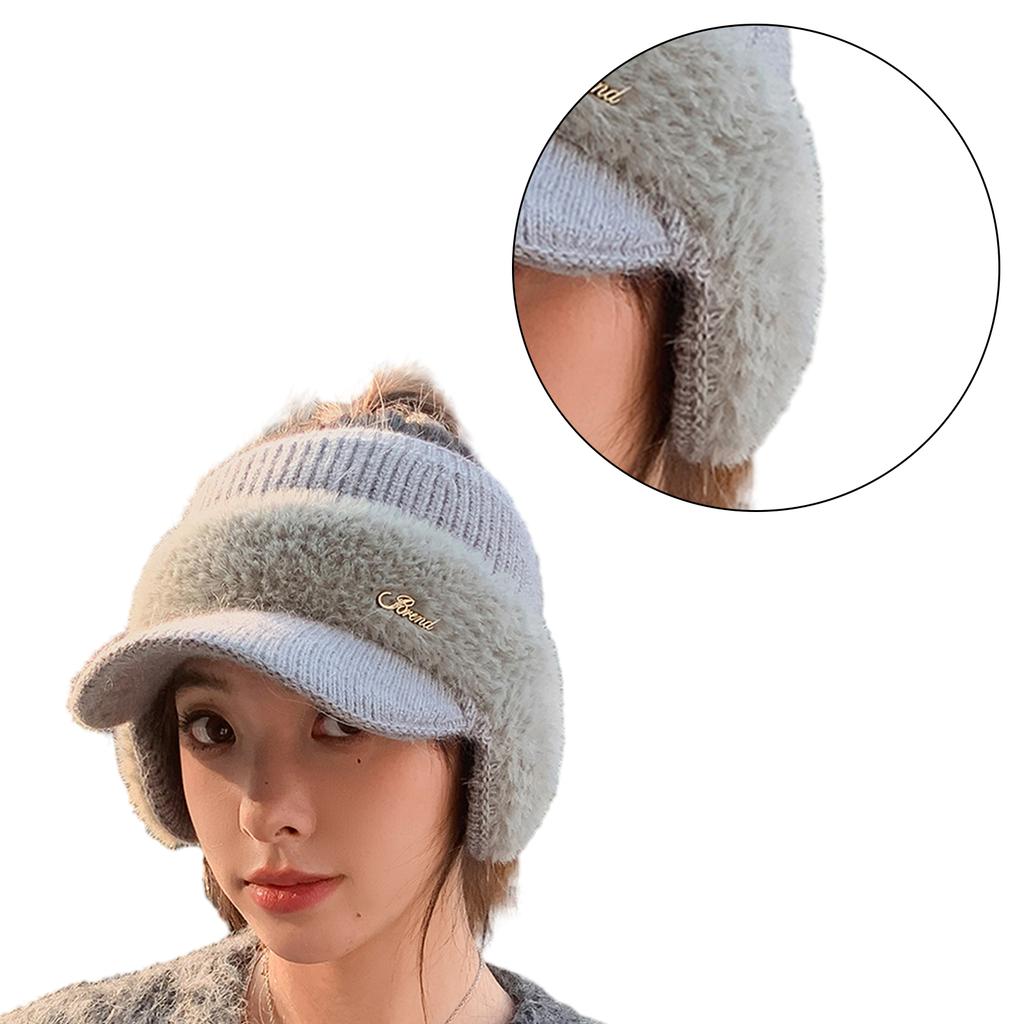 Novelty Furry Knitted Baseball Cap with Earflaps Women Influencers Same Slouchy Warm Ear Protections Empty Top Hat