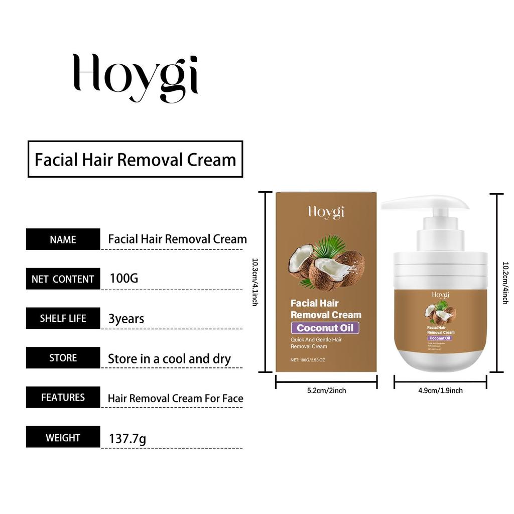 Hoygi Crema Depilatoria Viso al Cocco – Depilazione Delicata Veloce Indolore per Donne Uomini Viso Labbro Superiore Mento Baffi Senza Strumenti Cura Quotidiana100g