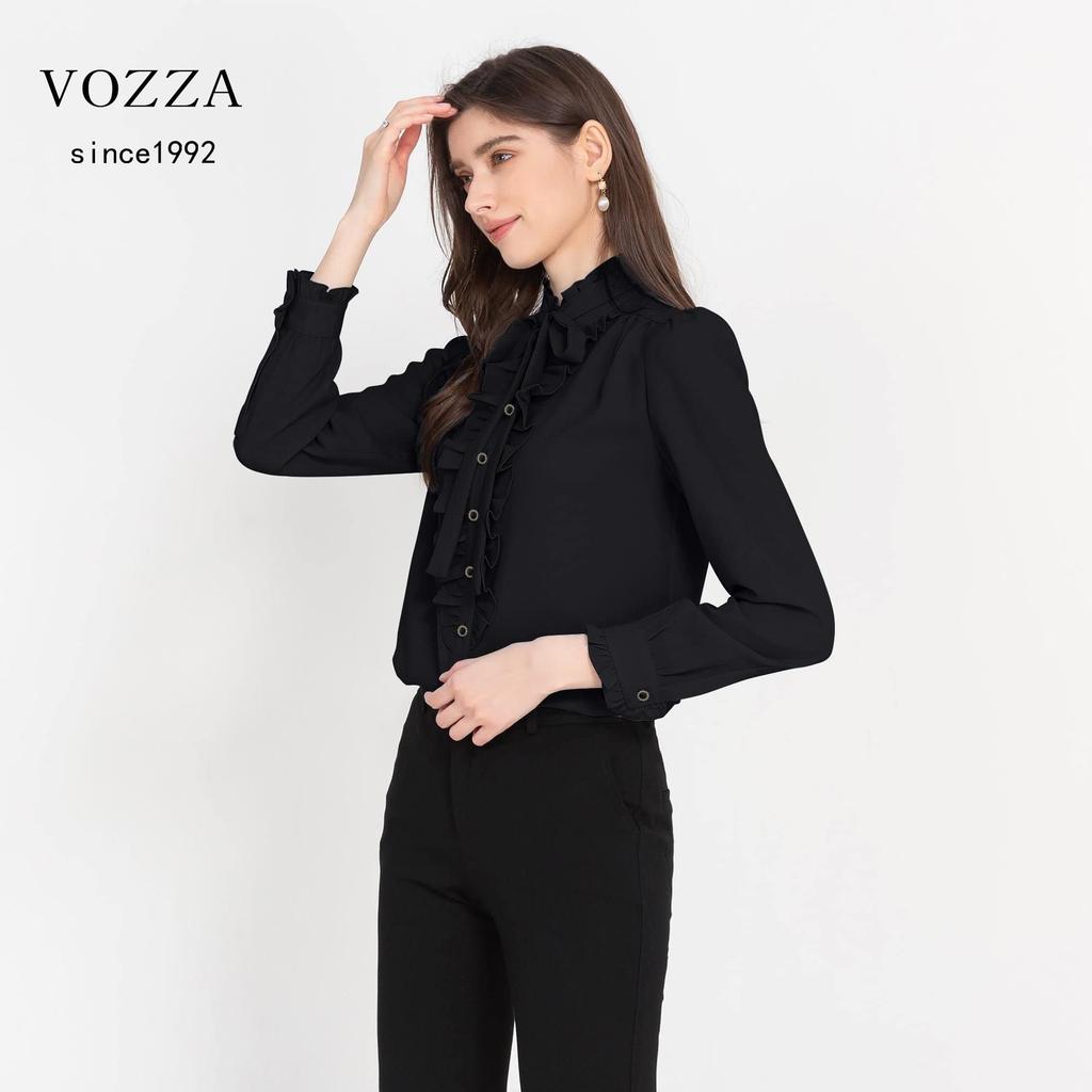 VOZZA Ruffled High Neck Long Sleeve Chiffon Dress Open Solid White Perfect for Entrance and More Women's Shirt, No-Iron, Collar, Stand-Up Collar,