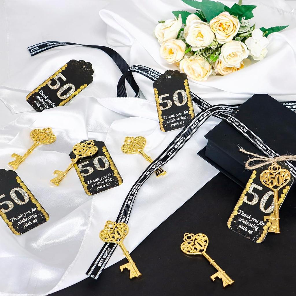 50Pcs 50th Gold Key Bottle Opener 50th Birthday Party Favors, 50th Anniversary Souvenirs Return Gifts 50th Key Beer Bottle Opener With Thank You