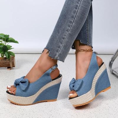 Fashion Fashion Bowknot Wedge Heel Sandals for Women Denim Peep Toe Chunky Platform Sandalias Mujer Back Strap High Heel Gladiator Shoes