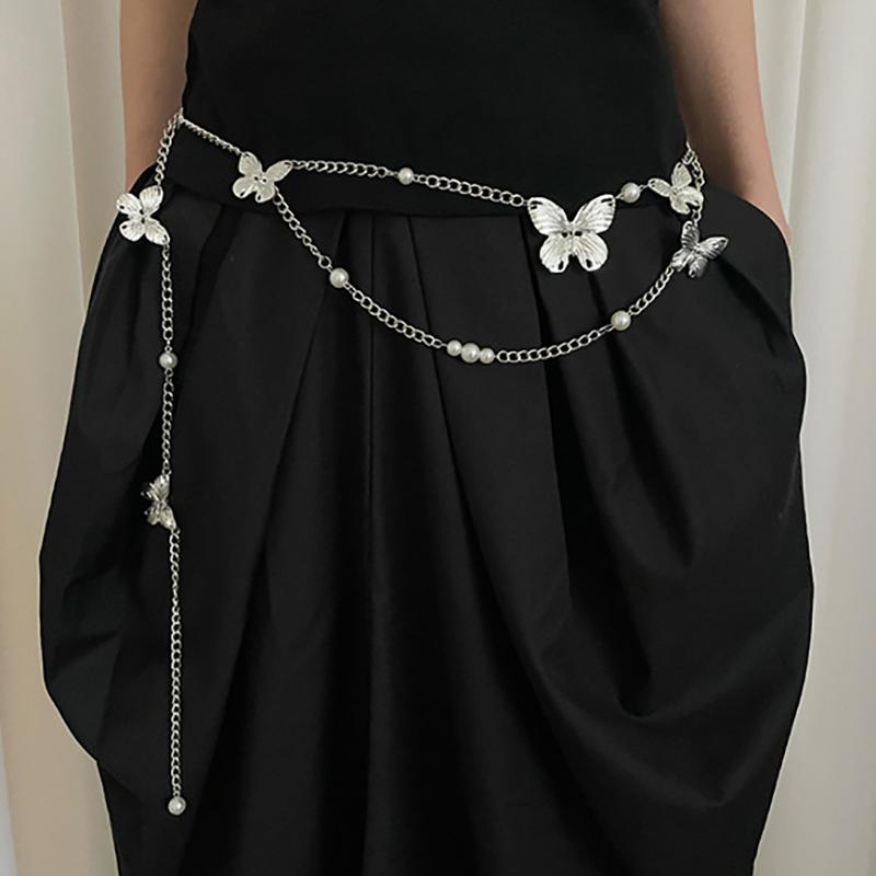 Fashion Multilayer Imitation Pearl Butterfly Waist Chain Women Retro Bohemian Ethnic Style Body Chains Dress Accessories Gifts