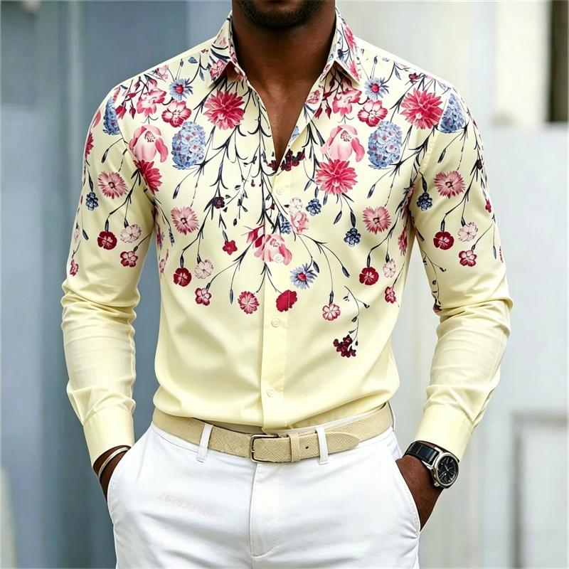 Camicia da uomo stile vacanza hawaiana camicia da uomo floreale a maniche lunghe alla moda design a stampa integrale cardigan top da viaggio all'aperto