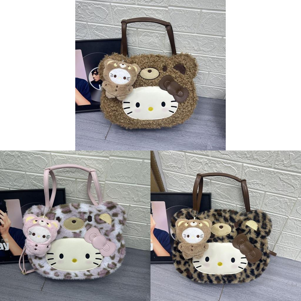 Hello Kitty Leopard Pattern Shoulder Bag With Plush Cartoon Design For Casual Daily Use