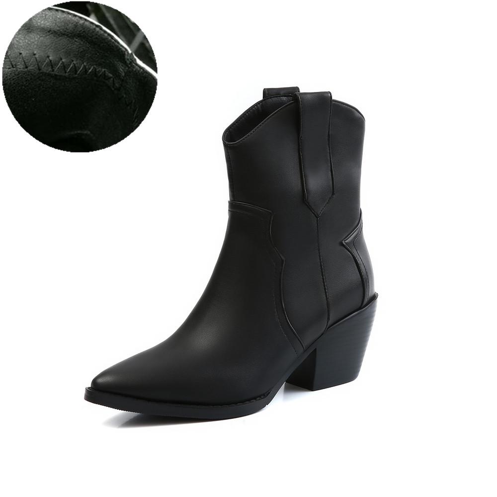 Pointed Toe Western Cowgirl Chelsea Ankle Boots Shoes Women Cossacks Cowboy Boats Wedges Femal Botas Mujer 33-45Black White