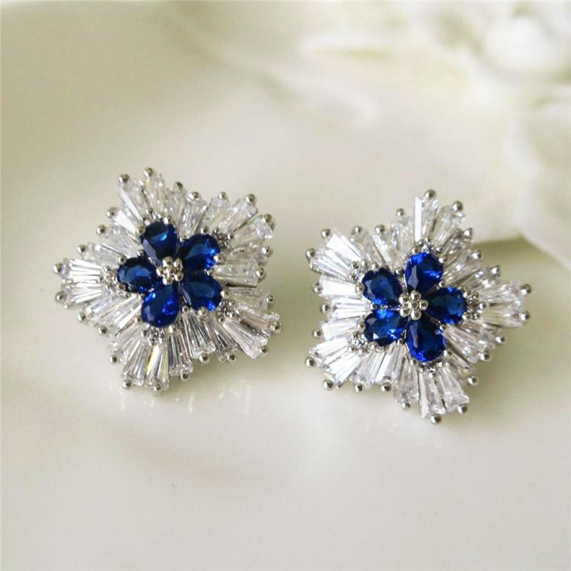 Gorgeous Blue Cubic Zirconia Stud Earrings Engagement Wedding Party Accessories for Women Blue Earrings Fashion Jewelry