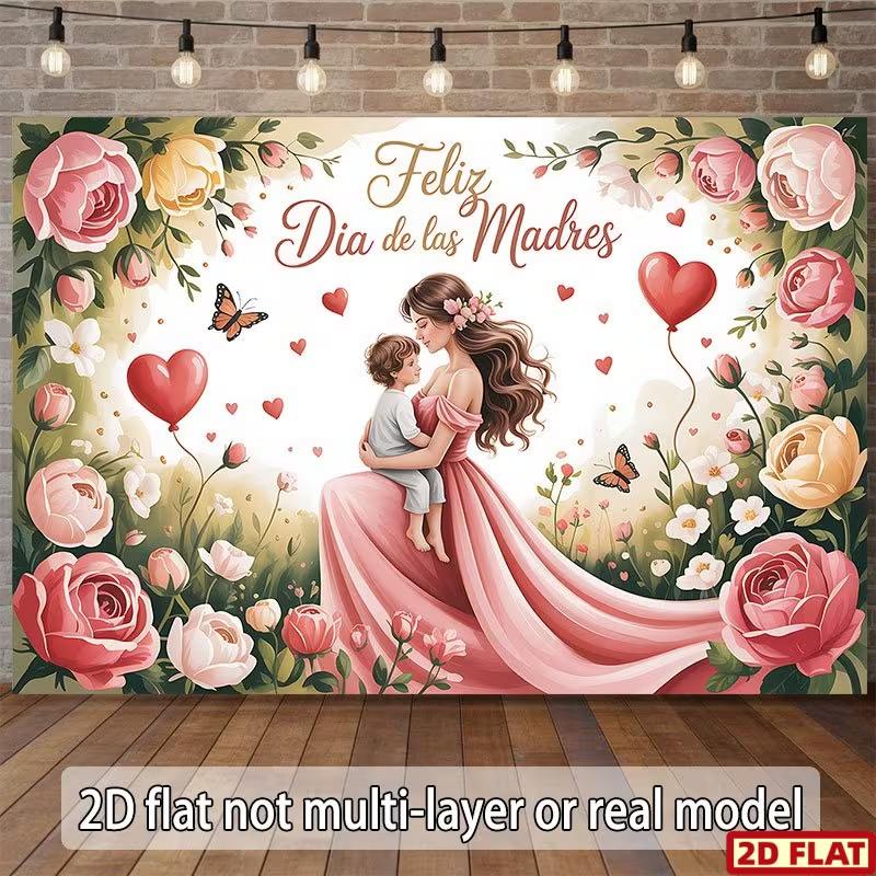 

2D Happy Mother s Day Spanish Backdrop, Pink Rose and Mom with Child Background 47.2x31.5inch/120*80cm