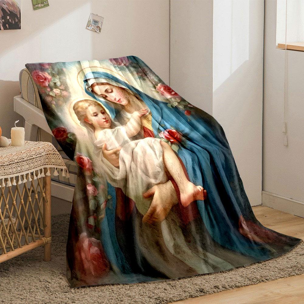 Virgin Mary Baby Jesus Roses Blanket  Printed Blanket for Living Room Bed Couch Lunch Break Soft Cozy Blanket for Friend's Festival Gift