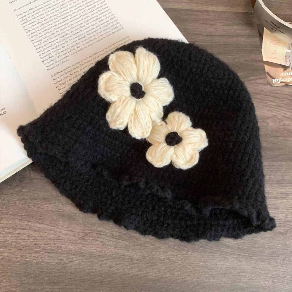 Handmade Crochet Flower Knitted Hat Hollow Out Bowknot Beanies Hat Casual Flower Weave Cap  Outdoor
