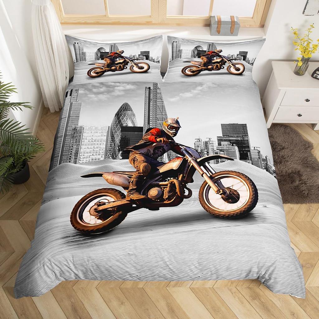Motorcycle Duvet Cover Set for Boys Men Queen King Size Lightweight Down Room Decor 2 Pillowcases and 1 Duvet Cover No Comforter