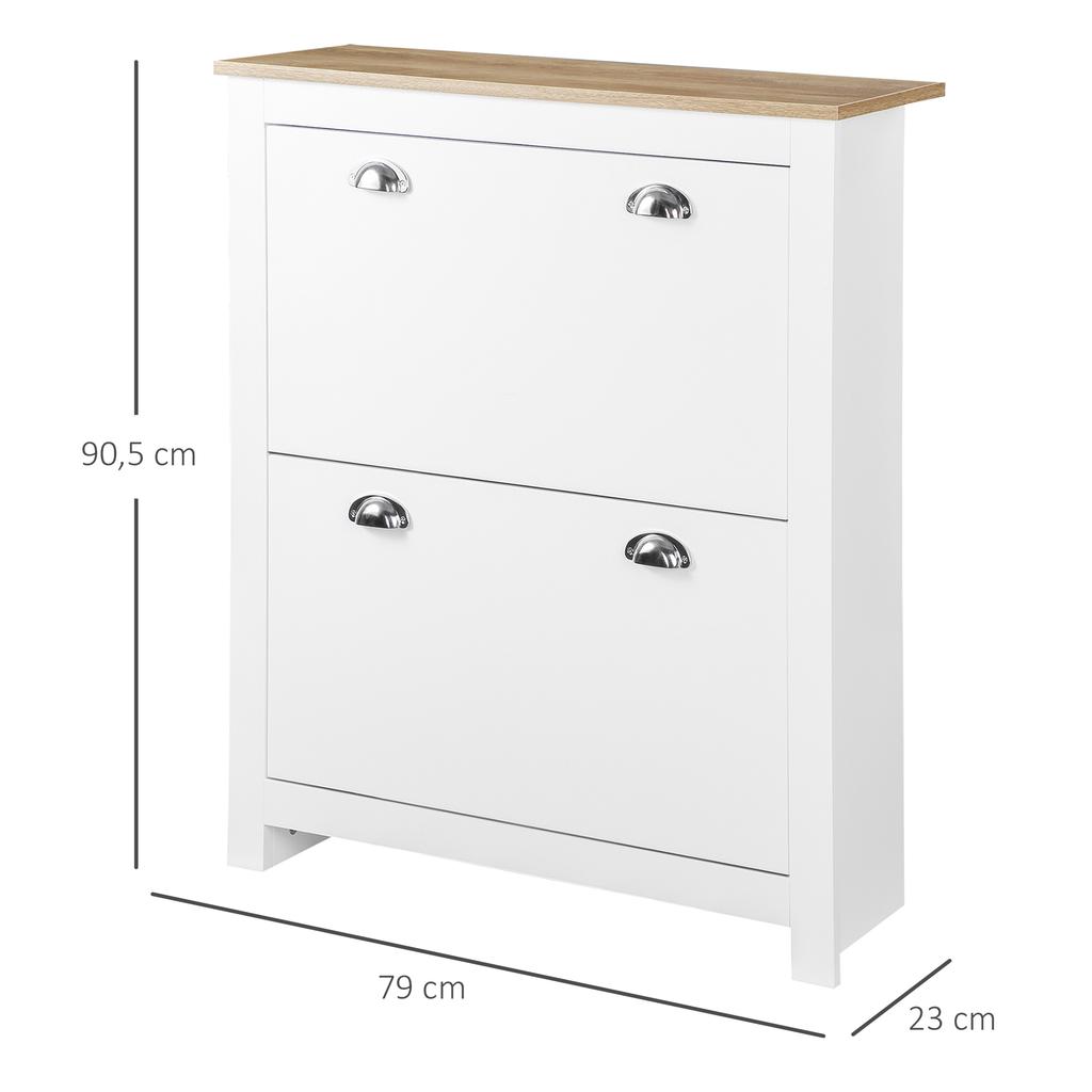 Mobiletto Portascale a 2 Cassetti Moderno Stretto Organizzatore in Legno per Corridoio con Ante a Ribalta Scaffale Regolabile per 6-12 Paia, Bianco