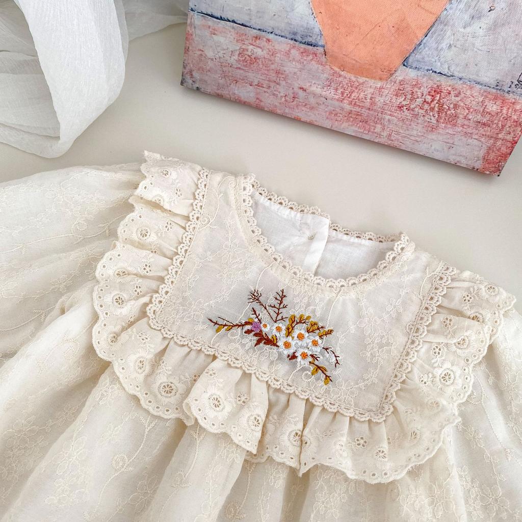 Spring Baby Girl Long Sleeve Floral Embroidered Romper for 100 Days Celebration
