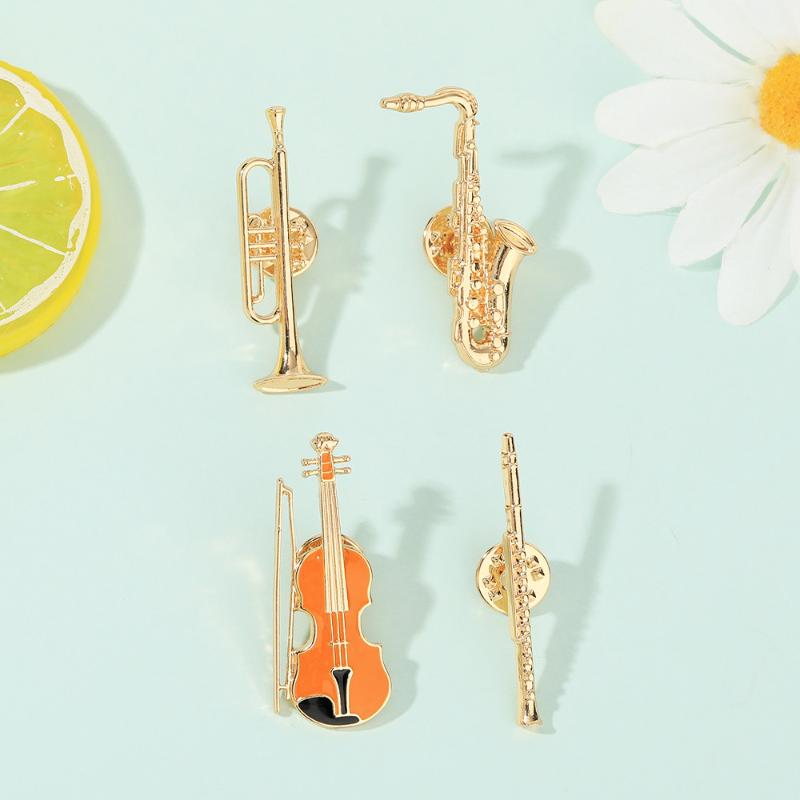 1Pcs Symphony Orchestra Badge Funny Musical Instruments Enamel Brooches Trumpet Clarinet Saxophone Violin Shaped Golden Pins