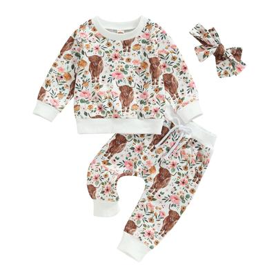 Conjunto de roupas para bebês meninas 6M 12M 18M 24M 3Y Floral Vaca Estampa Manga Longa Gola Redonda Tops Cintura Elástica Calças Compridas Laço Faixa de Cabeça Conjunto de 3 Peças