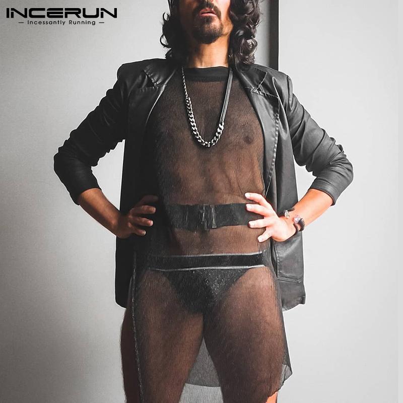 

INCERUN модные топы больших размеров для мужчин, летняя одежда, рубашки без рукавов из прозрачной сетчатой ​​пряжи с круглым вырезом, черная клубная одежда, большие размеры