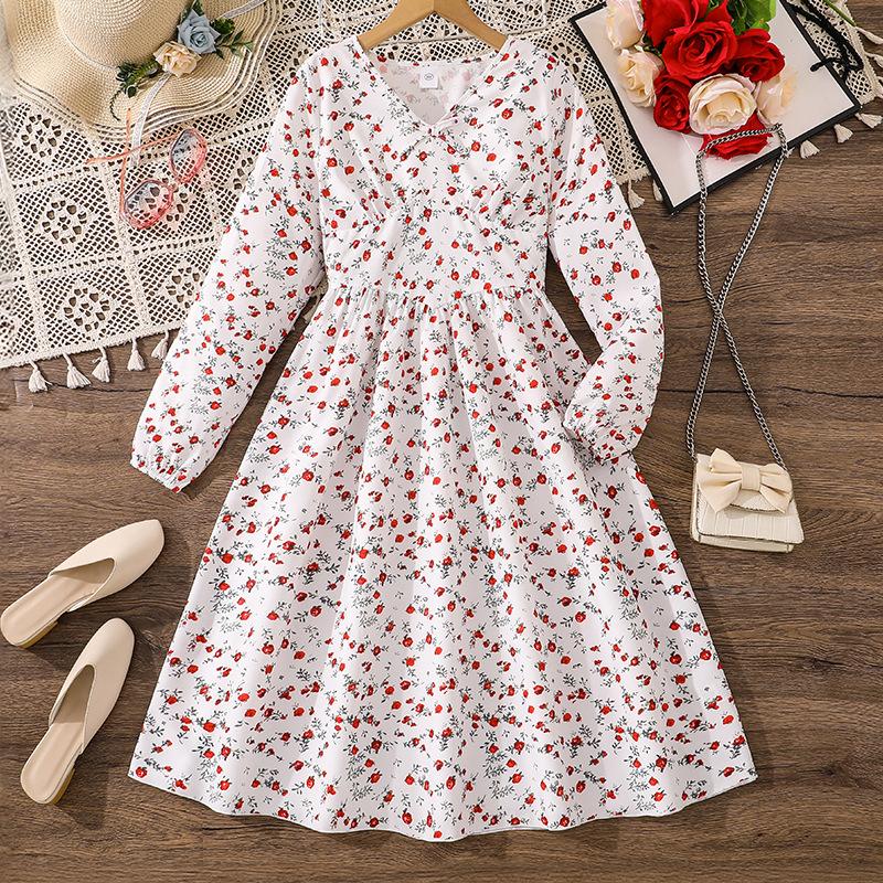 Sweet Dress for Girls, Autumn Children's Fashion Floral Long-sleeved Cinched Waist Dress