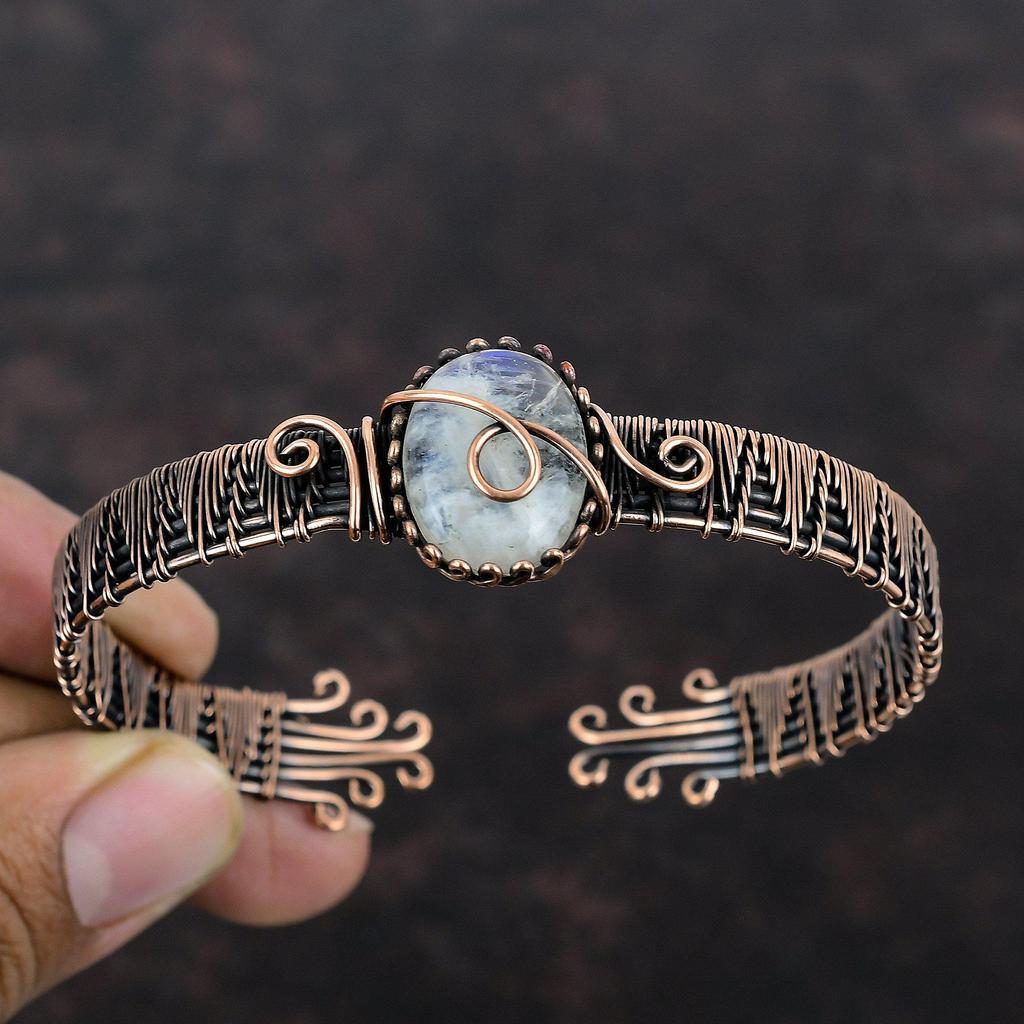 Rainbow Moonstone Cuff Bracelet Copper Wire Wrapped Bangle Rainbow