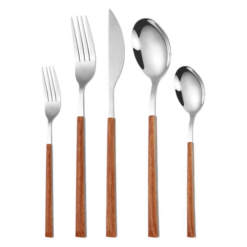 Korean Style Stainless Steel Cutlery Set: Knife, Fork, Spoons with Creative Anti-Wood Handles for Steak, Fruit, and Dessert