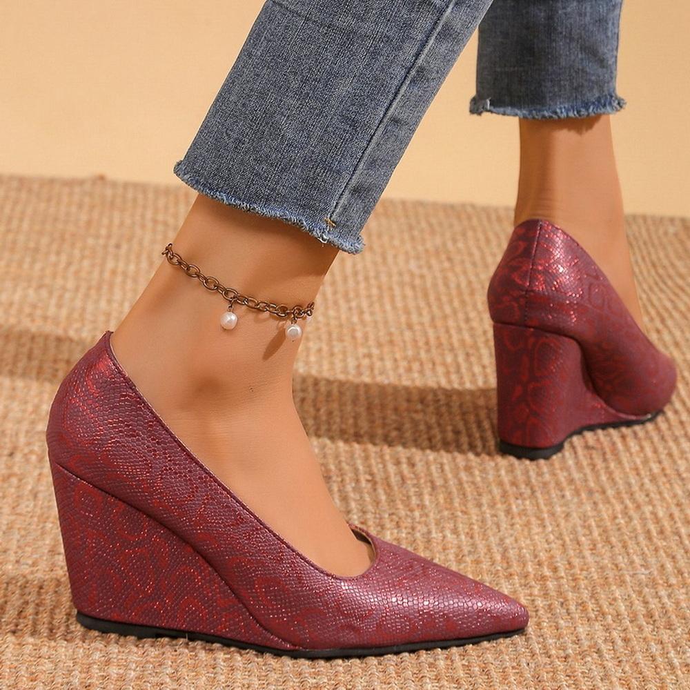 Fashion FHC 2025 New Office Lady Wedges Working Shoes,Women Pumps,High Heels,Pointed Toe,Slip On,French Style,Gold,Red,Pink,Dropship