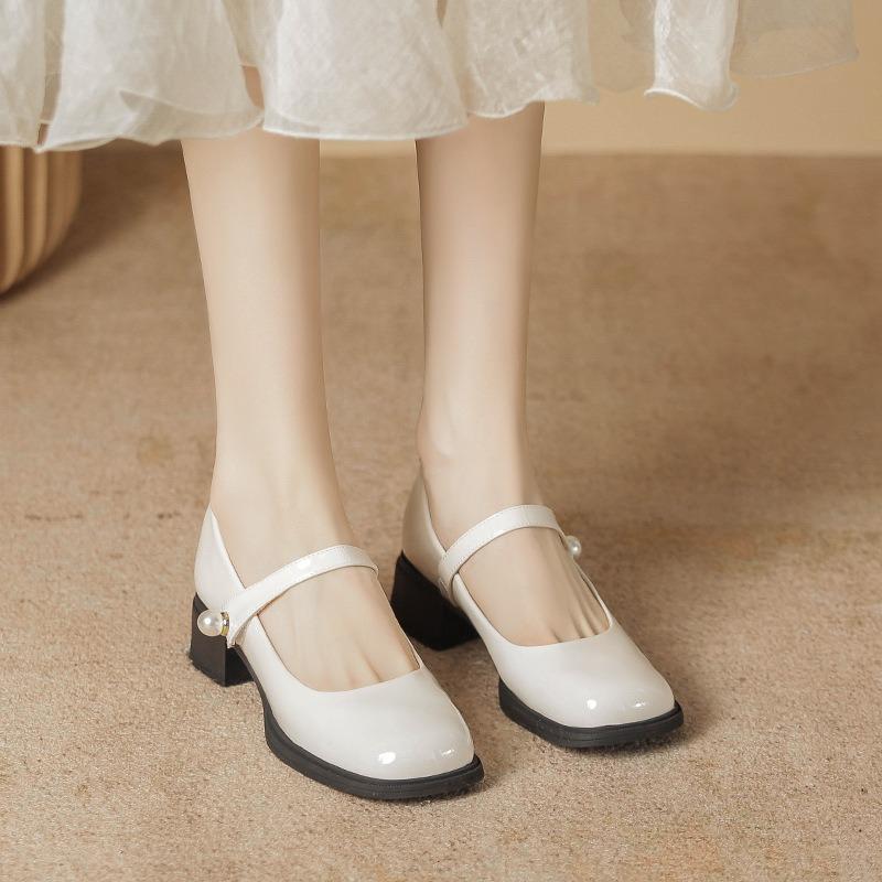 Single shoes retro Mary Jane single shoes women's round head patent leather high thick heel small leather shoes
