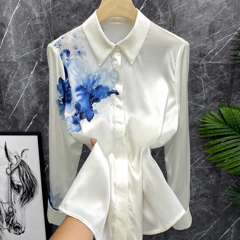 2024 Kunstnerisk blekkvask oljetrykk satengskjorte: Langermet, Motebevisst Temperament Topp