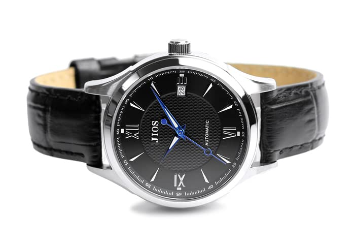 JIOS Automatic Made In Genuine Leather Sapphire Crystal with Blue Hands and Black Crocodile Embossed Men's Watch, Japan, Strap, (Black Strap)