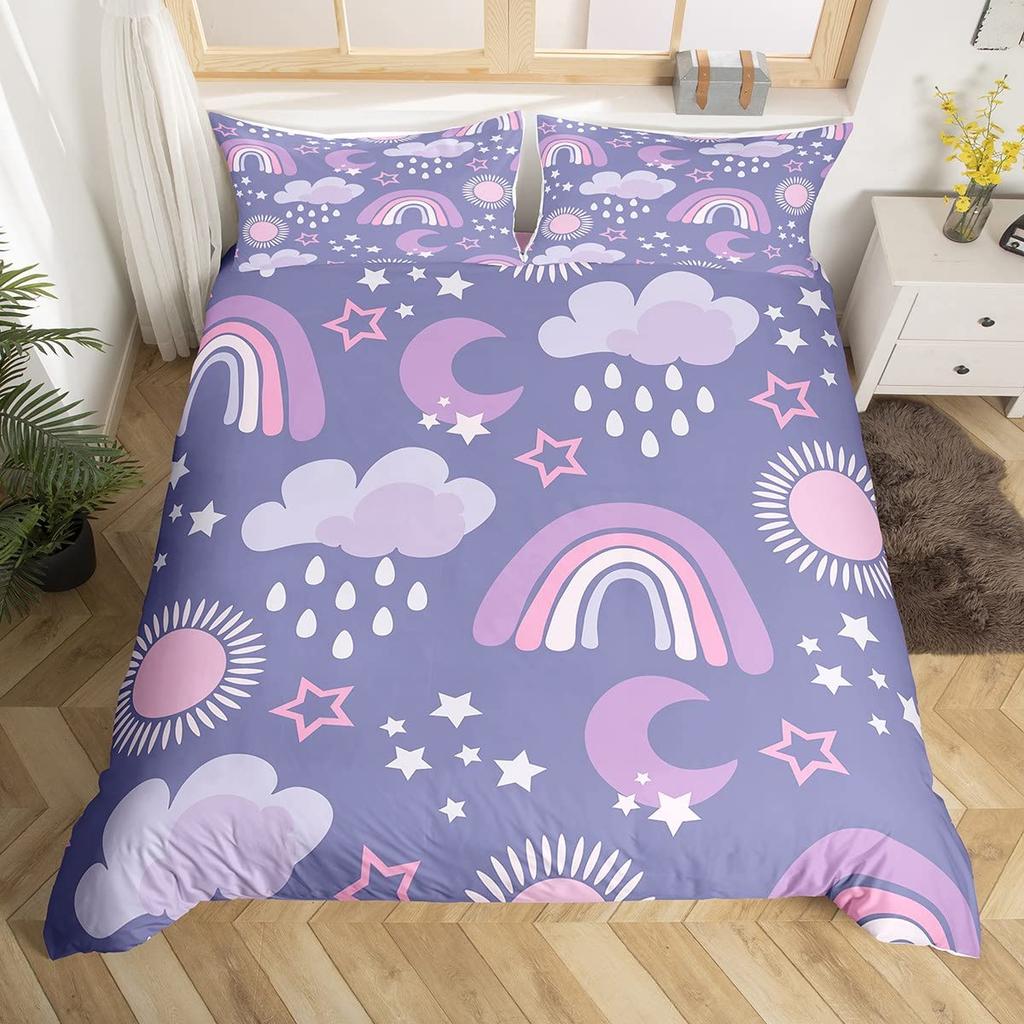 Kawaii Rainbow Duvet Cover Cartoon Iridescent Print Bedding Set For Girls Kids Room Twin,Cute Stars Clouds Decor Comforter Cover