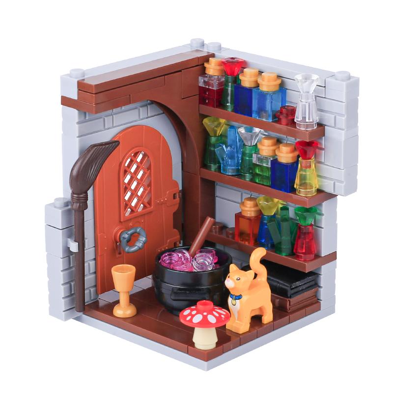 MOC Steine Mittelalter Alchemie Raum Küche Zauberer Trank Bausteine Teufelsquelle Schloss Straßenlaterne Hexen Figuren Szene Schädel