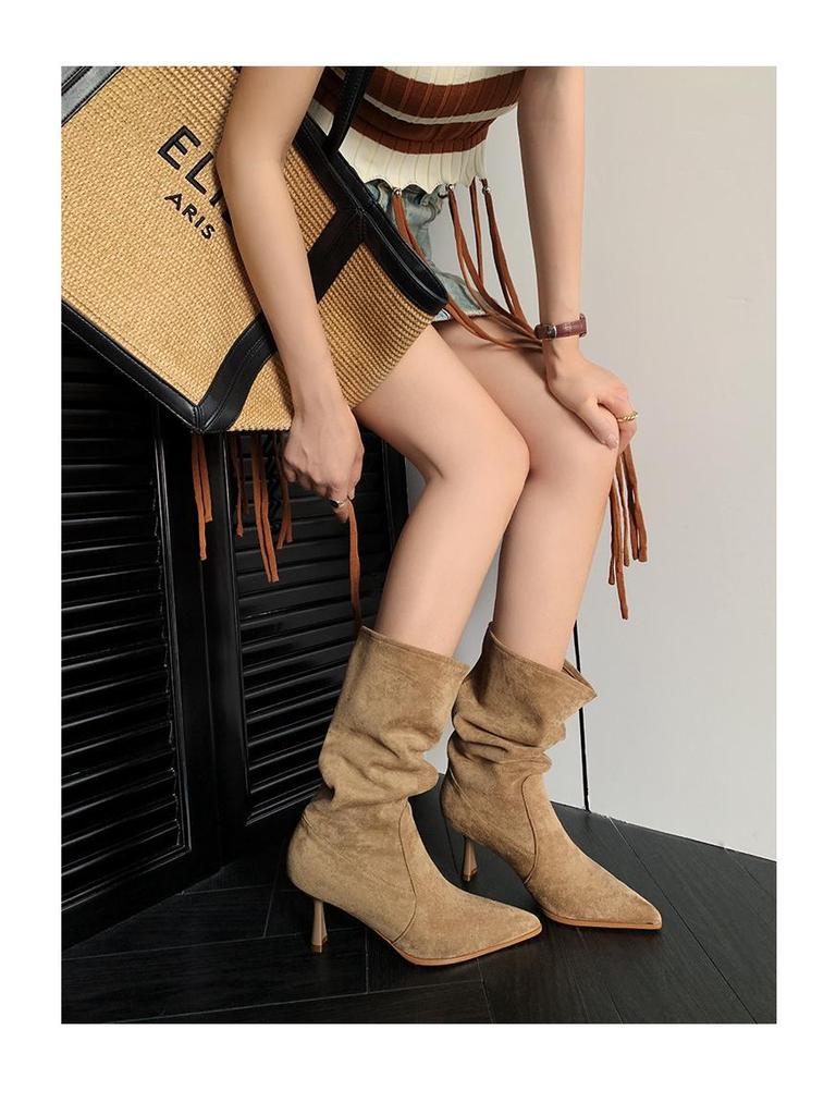 Song Xixi Apricot High Heel Slouch Cowboy Ankle Boots - Versatile Mid-Calf Stiletto for Women