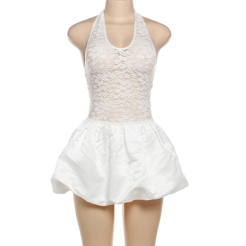 

Осенняя женская мода сексуальное платье с высокой талией на бретельках через шею с кружевом в сексуальном стиле S белый