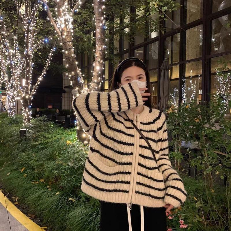 

Свитер с двойной молнией, полосатый кардиган с круглым вырезом, мягкое клеевое пальто, свободный осенне-зимний кардиган, свитер, женский топ One Size белый