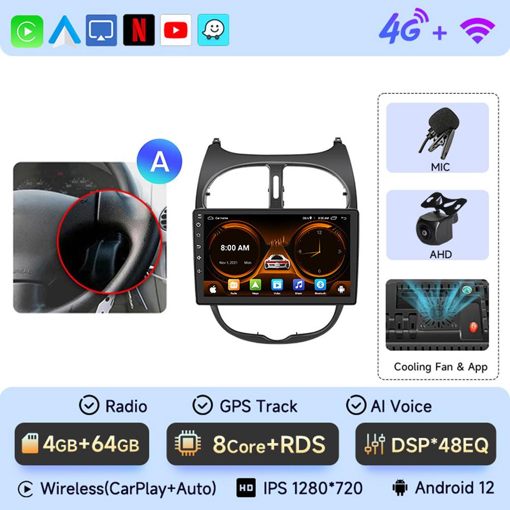 JIUYIN Car Radio For Peugeot 206 206CC 206SW 2001 - 2008 Wireless CarPlay Android Auto Car Intelligent Systems No 2 Din 2din DVD